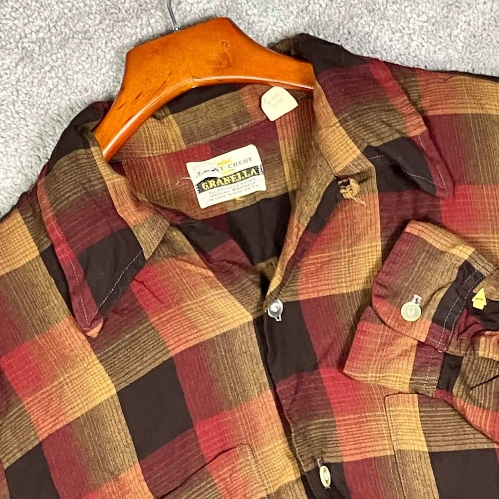 Vintage 70s Grant-Crest Granella Loop Collar Shirt Mens M Brown Plaid Rayon 60s